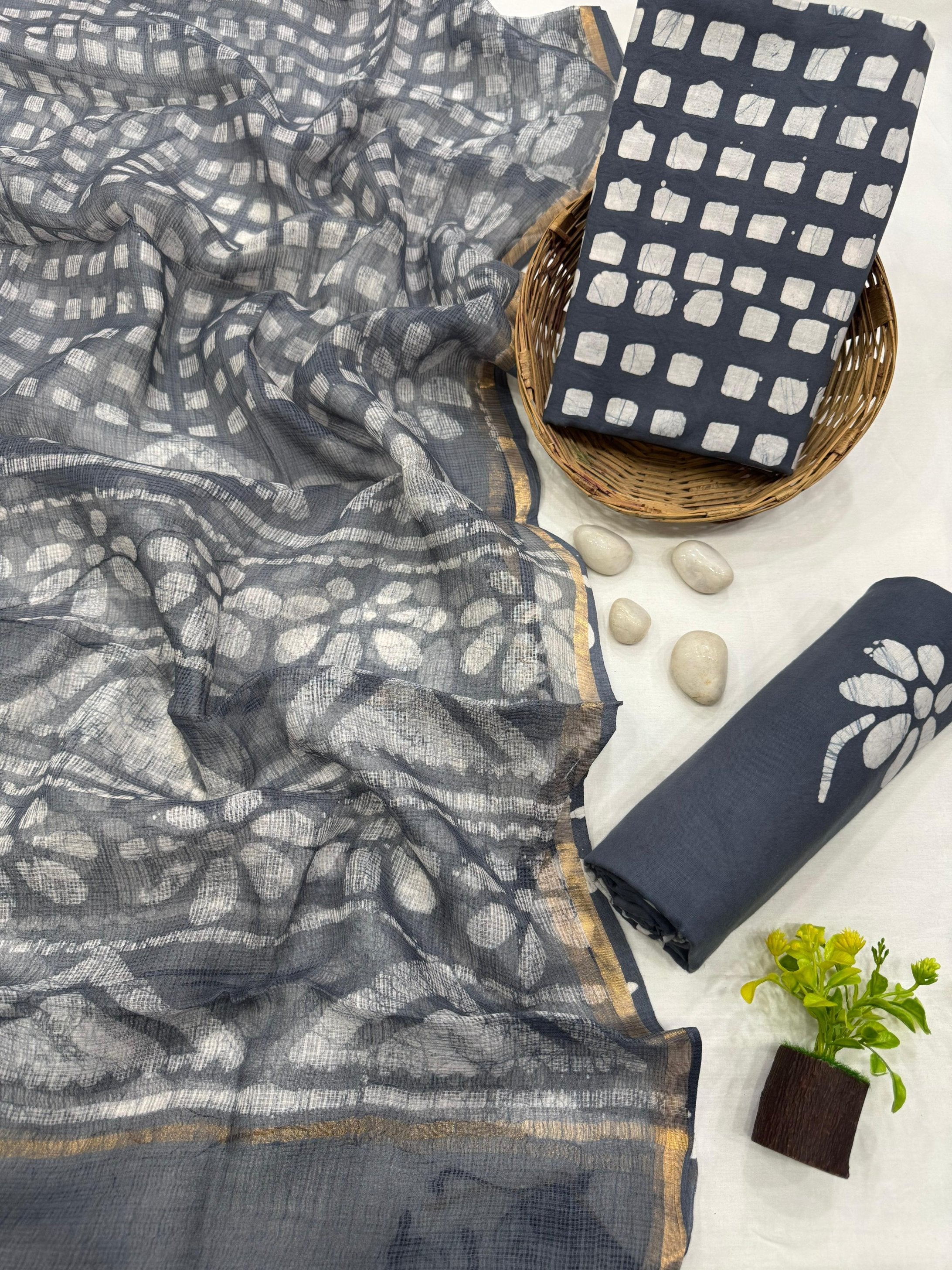 Wholesale Kota Doria Gray chex Dress Material – Artisan handblock printed fabric for boutiques, designers & bulk orders